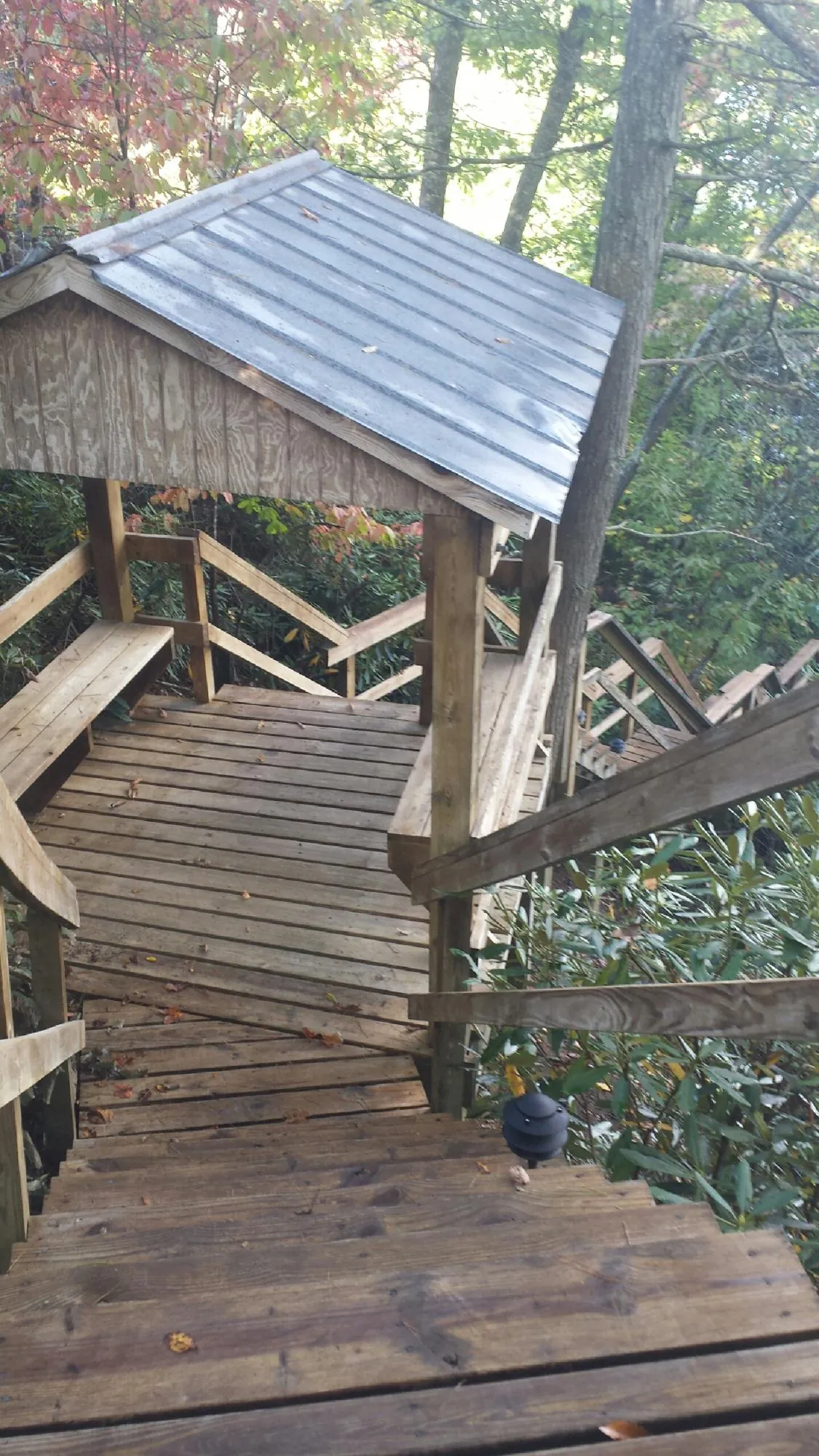 Metal roofed shelter over wooden steps on a wooded walkway — Skylight Repair & Installation work by our crew in Ainsworth